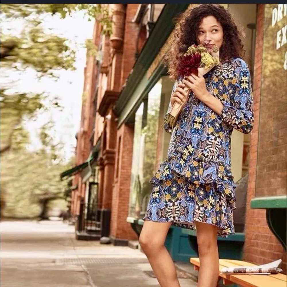 LOFT Women's Floral Print Dress Blue and Yellow